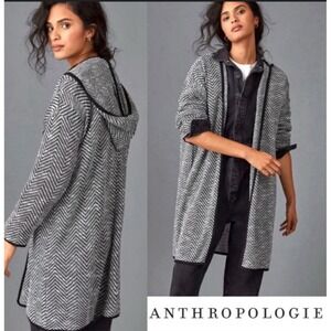 Anthropologie Maeve Bedford Black Herringbone Hooded Cardigan Sweater Size XS‎